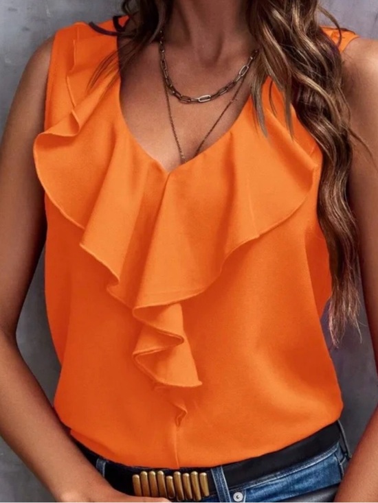 Laura Tops - Sleeveless Ruffle V-Neck Camisole - Orange 🍊-size medium
